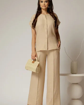Pantaloni DY Fashion bej cu croi lejer din material vaporos