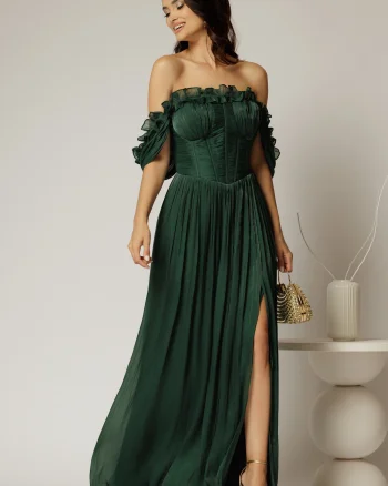 Rochie lunga verde intens de ocazie din voal peliculizat cu bust tip corset