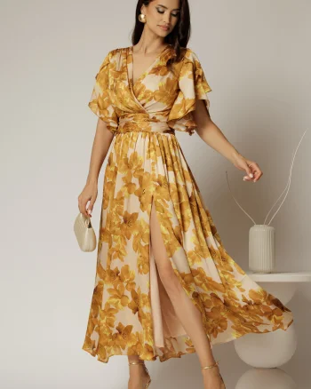 Rochie DY Fashion midi cu imprimeu galben mustar din voal satinat