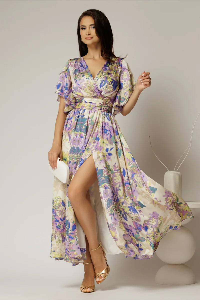 Rochie DY Fashion midi cu imprimeu lila din voal satinat
