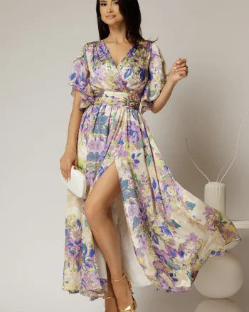 Rochie DY Fashion midi cu imprimeu lila din voal satinat
