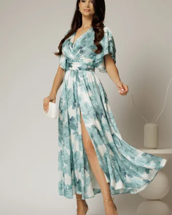 Rochie DY Fashion midi cu imprimeu turcoaz din voal satinat