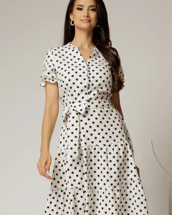 Rochie midi din viscoza alba cu buline de vara
