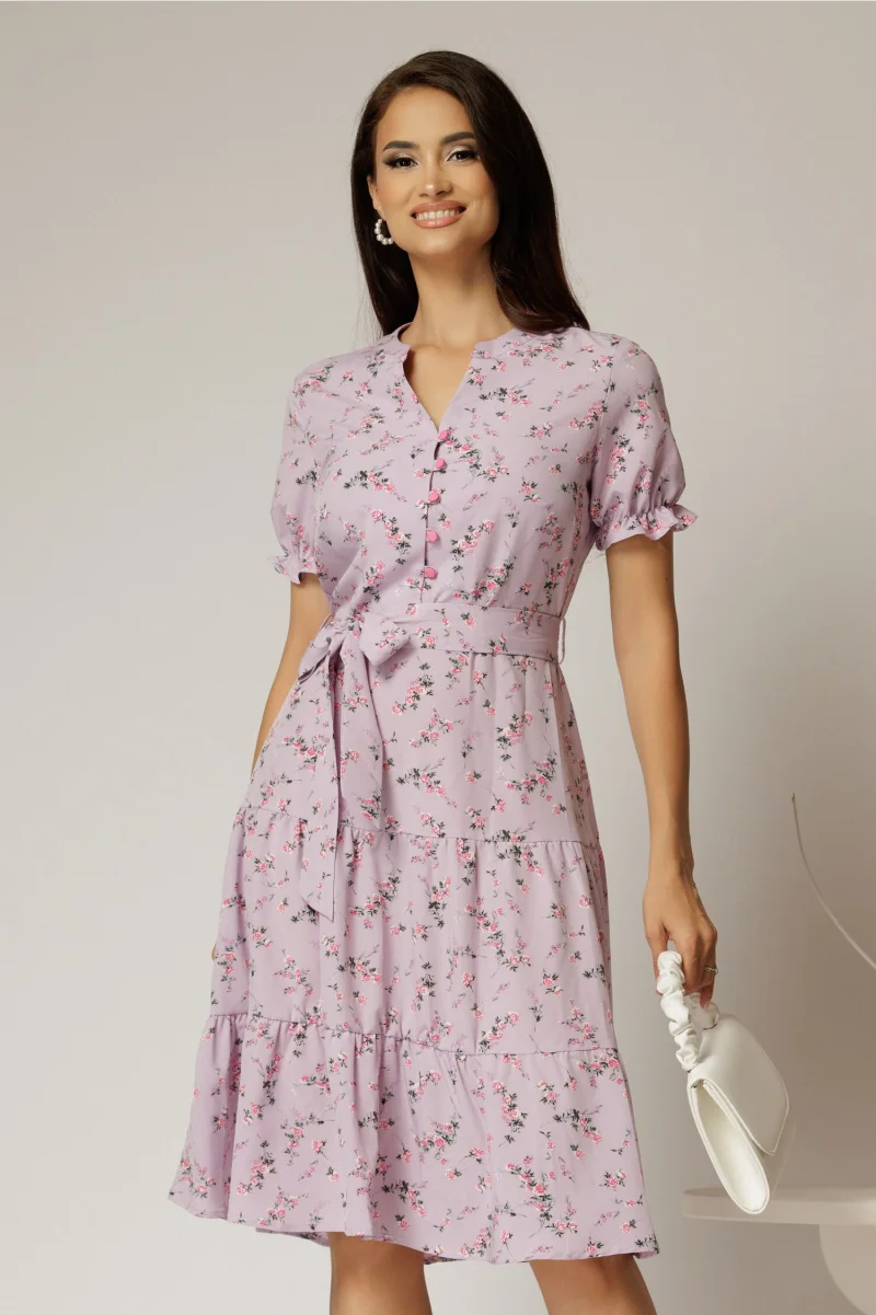 Rochie midi din viscoza lila cu imprimeuri de vara