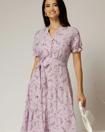 Rochie midi din viscoza lila cu imprimeuri de vara
