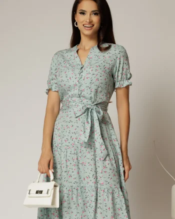 Rochie midi din viscoza verde mint cu imprimeuri de vara