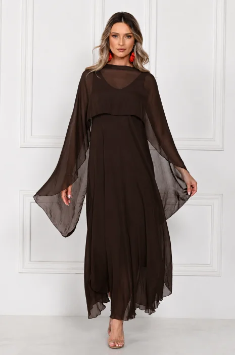 Capa dama din matase si vascoza tip kimono, croi fluid pentru layering, maro inchis