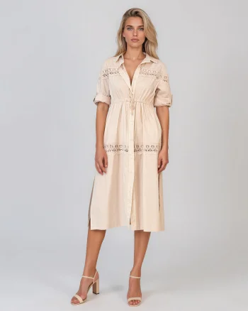 Rochie largă cu șiret în talie și broderie crem - Unica S-L