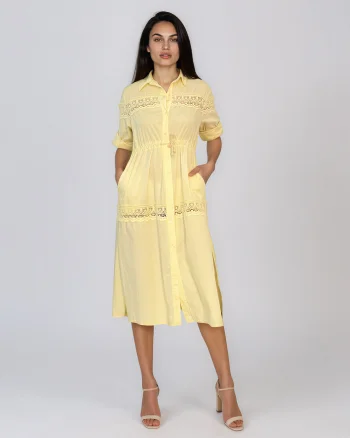 Rochie largă cu șiret în talie și broderie galben - Unica S-L