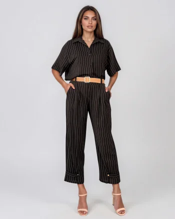 Pantaloni din in cu dungi și nasture decorativ negru - Unica S-L