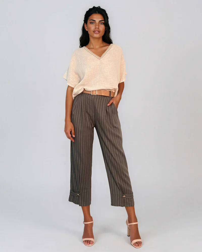 Pantaloni din in cu dungi și nasture decorativ kaki - Unica S-L