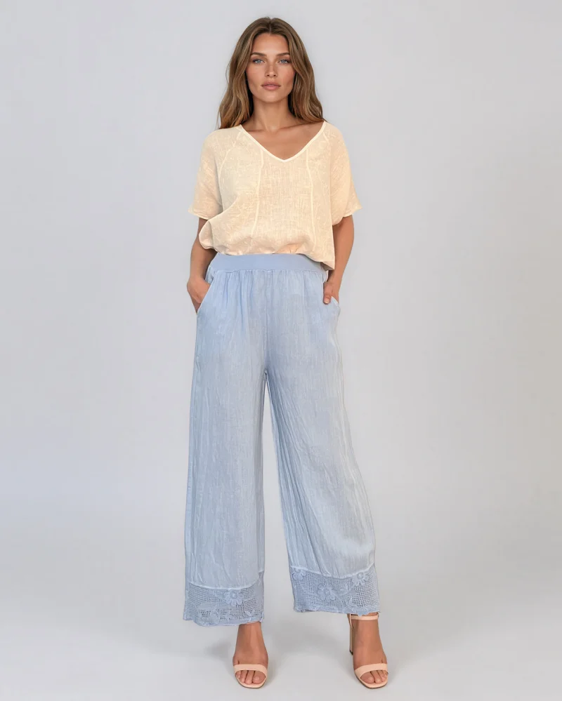 Bluză din in cu broderie elegantă crem - Unica S-L