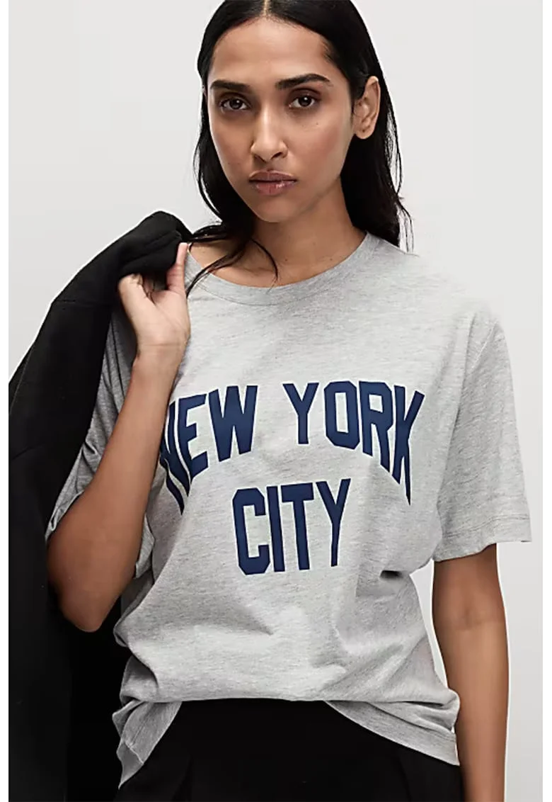 Tricou din bumbac cu imprimeu text, Gri deschis/Albastru inchis
