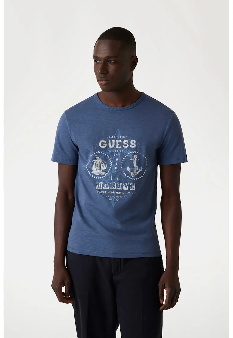 Tricou din bumbac si imprimeu logo, Albastru inchis/Alb murdar
