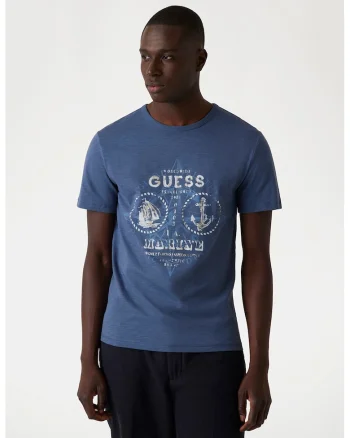 Tricou din bumbac si imprimeu logo, Albastru inchis/Alb murdar