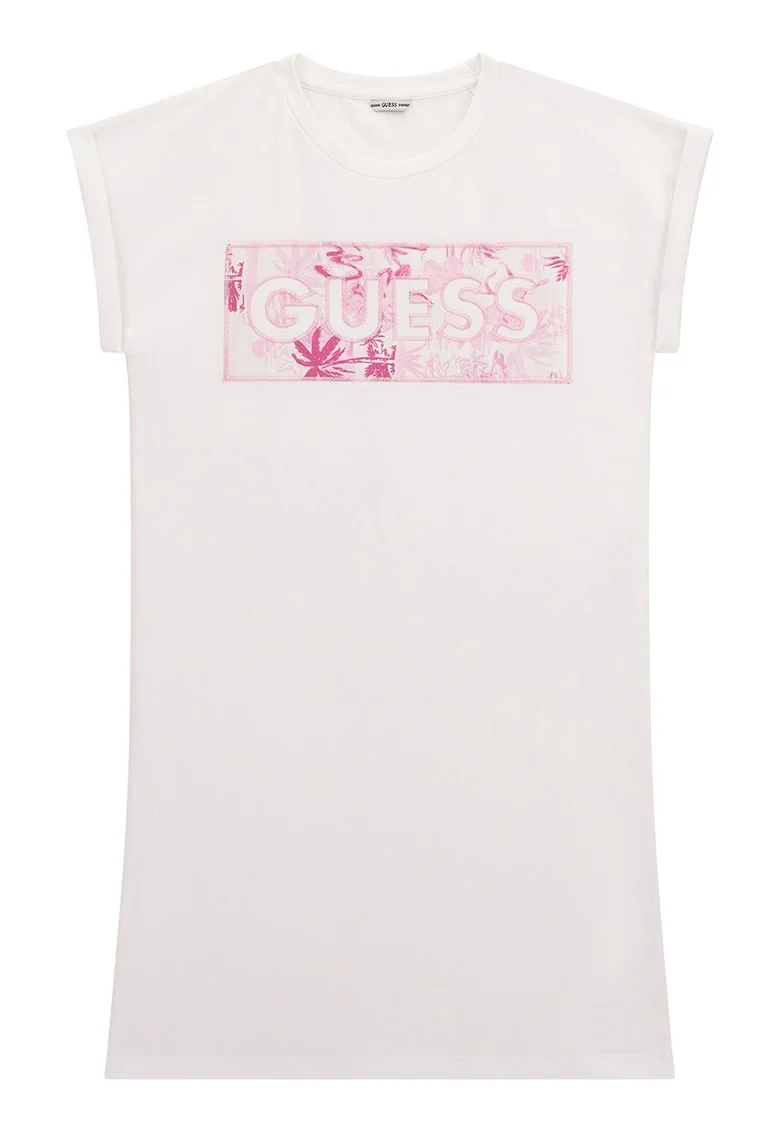 Rochie-tricou cu maneci rulate, Alb/Roz zmeuriu