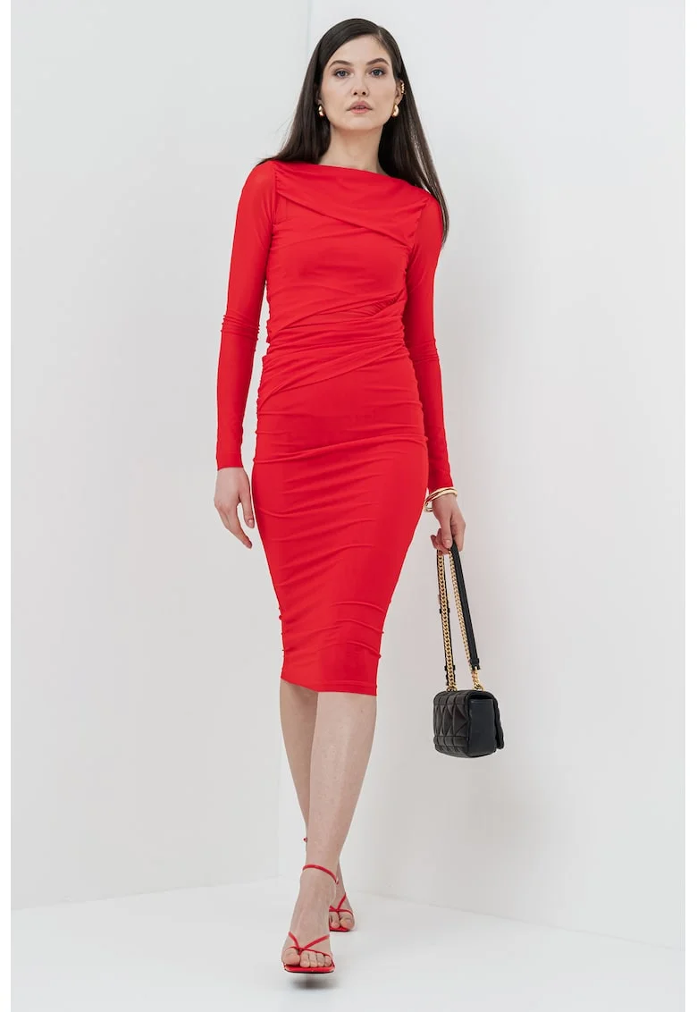 Rochie midi cambrata cu decolteu barcuta, Rosu