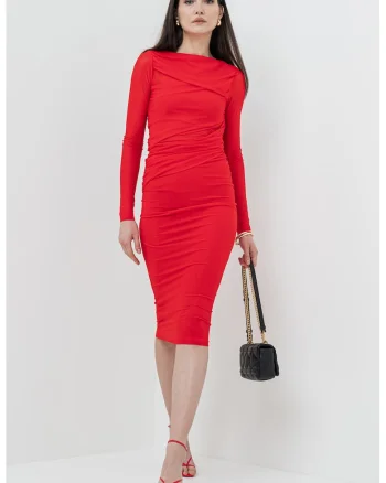 Rochie midi cambrata cu decolteu barcuta, Rosu