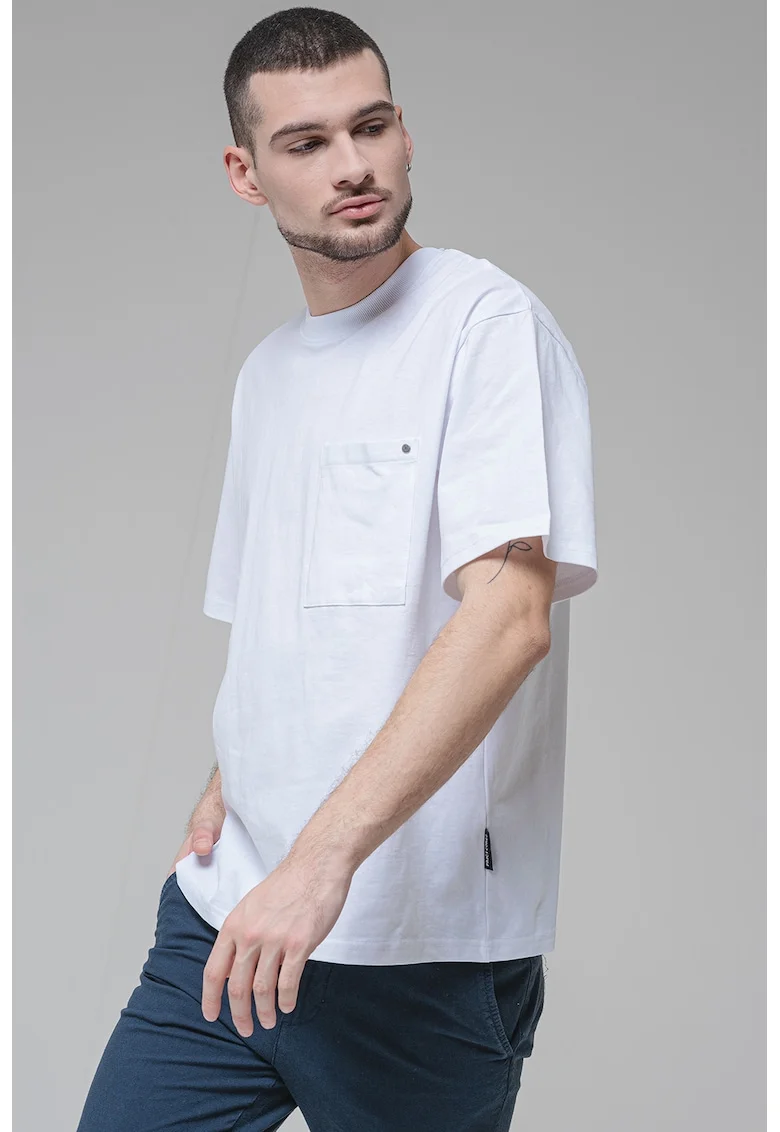 Tricou lejer de bumbac cu buzunar pe piept, Alb optic