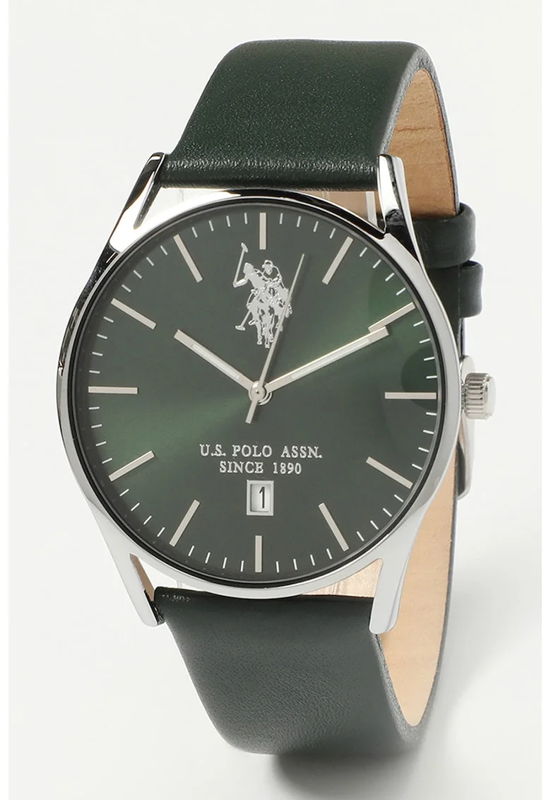 Ceas analog cu o curea din piele, Argintiu/Verde inchis