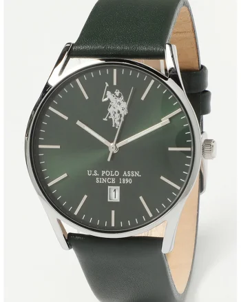 Ceas analog cu o curea din piele, Argintiu/Verde inchis