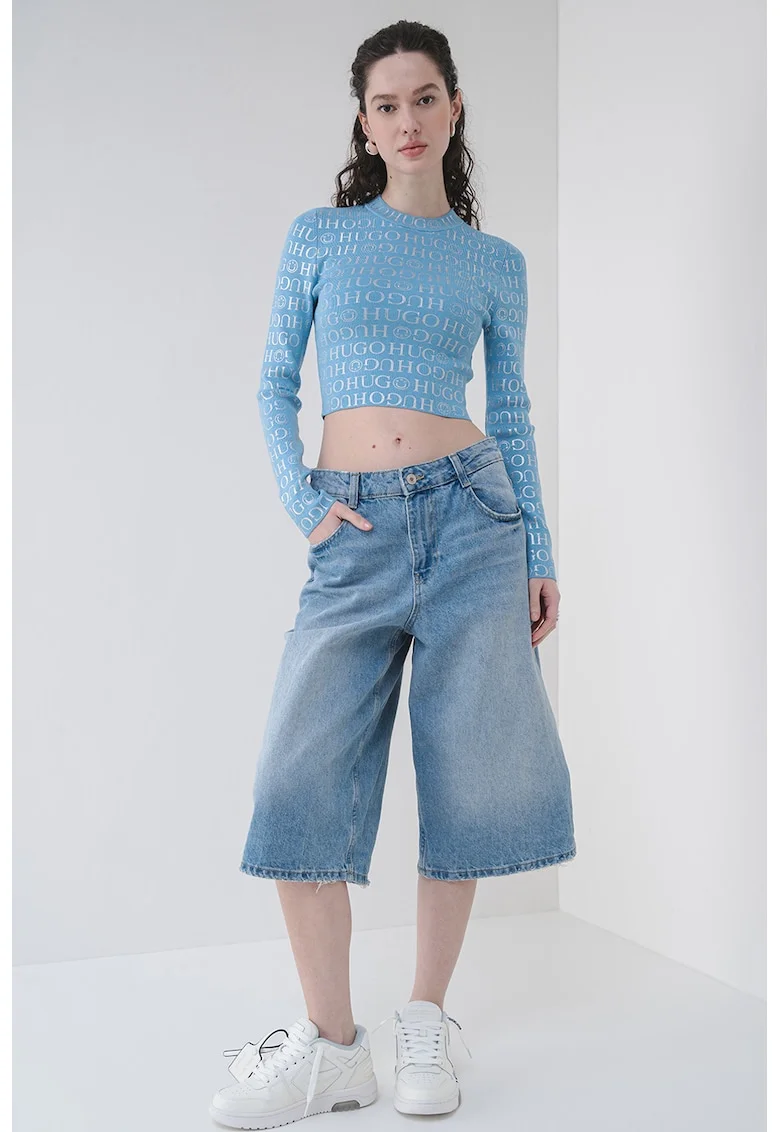 Pulover crop slim fit Soil, Albastru deschis/Argintiu