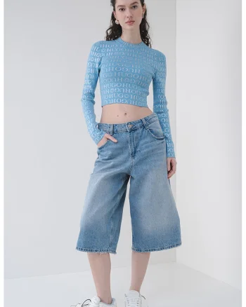 Pulover crop slim fit Soil, Albastru deschis/Argintiu