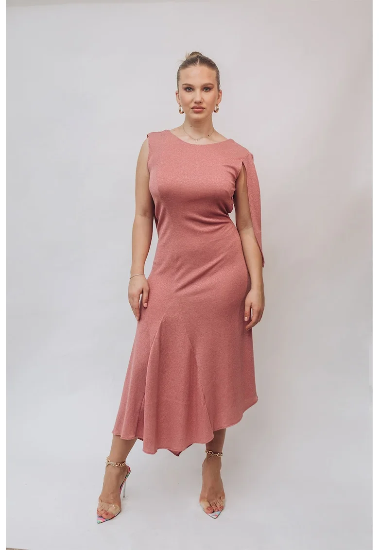 Rochie midi cu decupaj pe spate, Roz prafuit