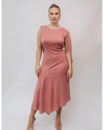 Rochie midi cu decupaj pe spate, Roz prafuit