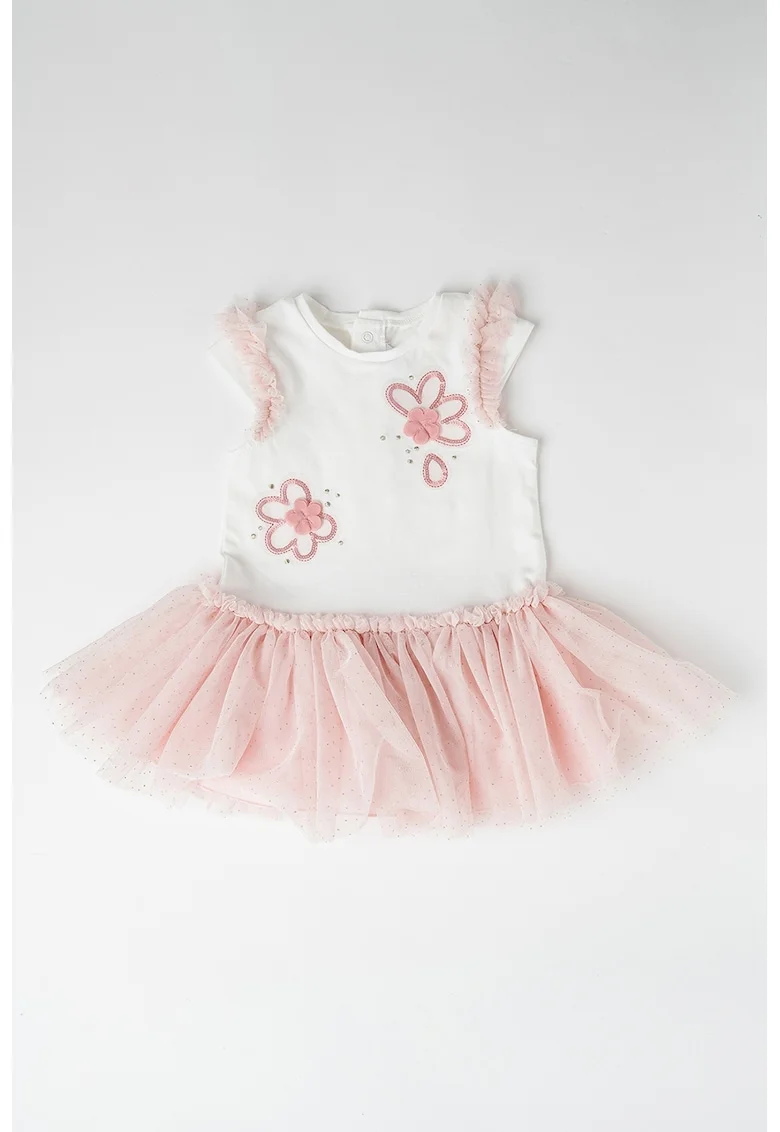 Rochie evazata cu tul, Alb/Roz prafuit