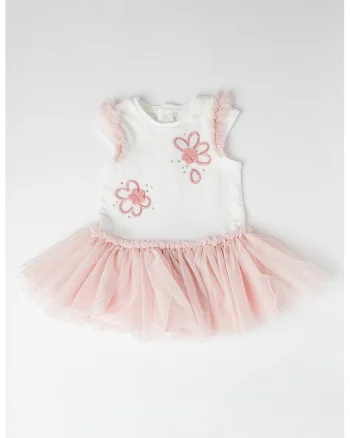 Rochie evazata cu tul, Alb/Roz prafuit