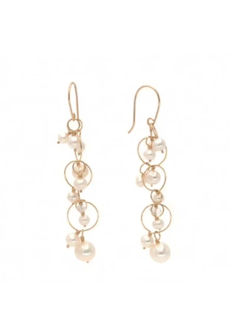 Cercei  Pearls Circus, lungi, cu perle de cultura albe si fir din aur filat de 14k/20