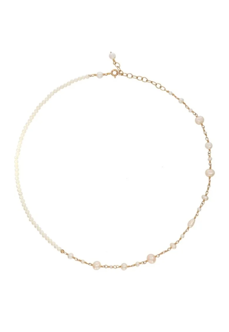 Colier  Pearl Fusion, la baza gatului, reglabil, cu perle de cultura albe si aur filat de 14k/20