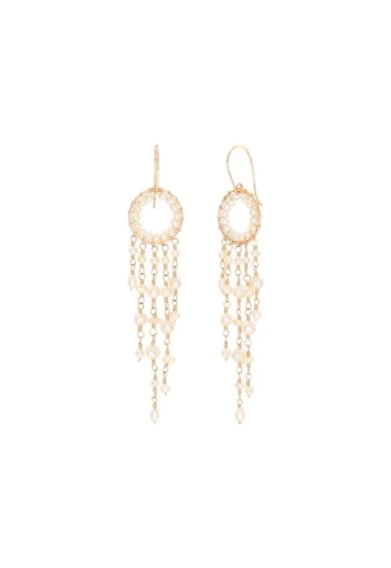 Cercei  Pearls Fall, lungi, cu perle de cultura albe si aur filat de 14k/20