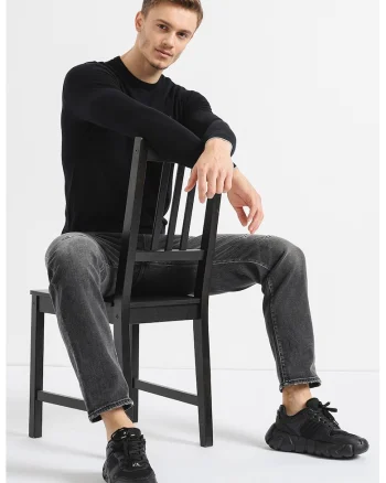 Pulover de bumbac si casmir cu logo discret, Negru