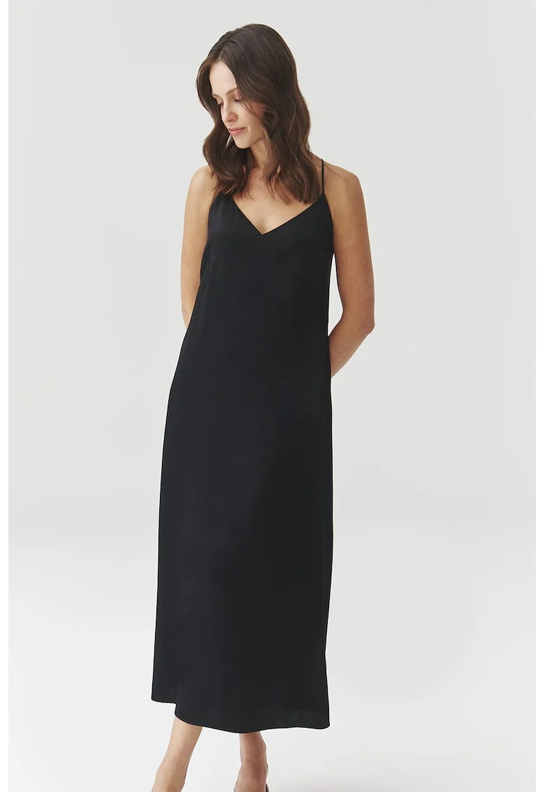 Rochie midi dreapta cu bretele inguste, Negru