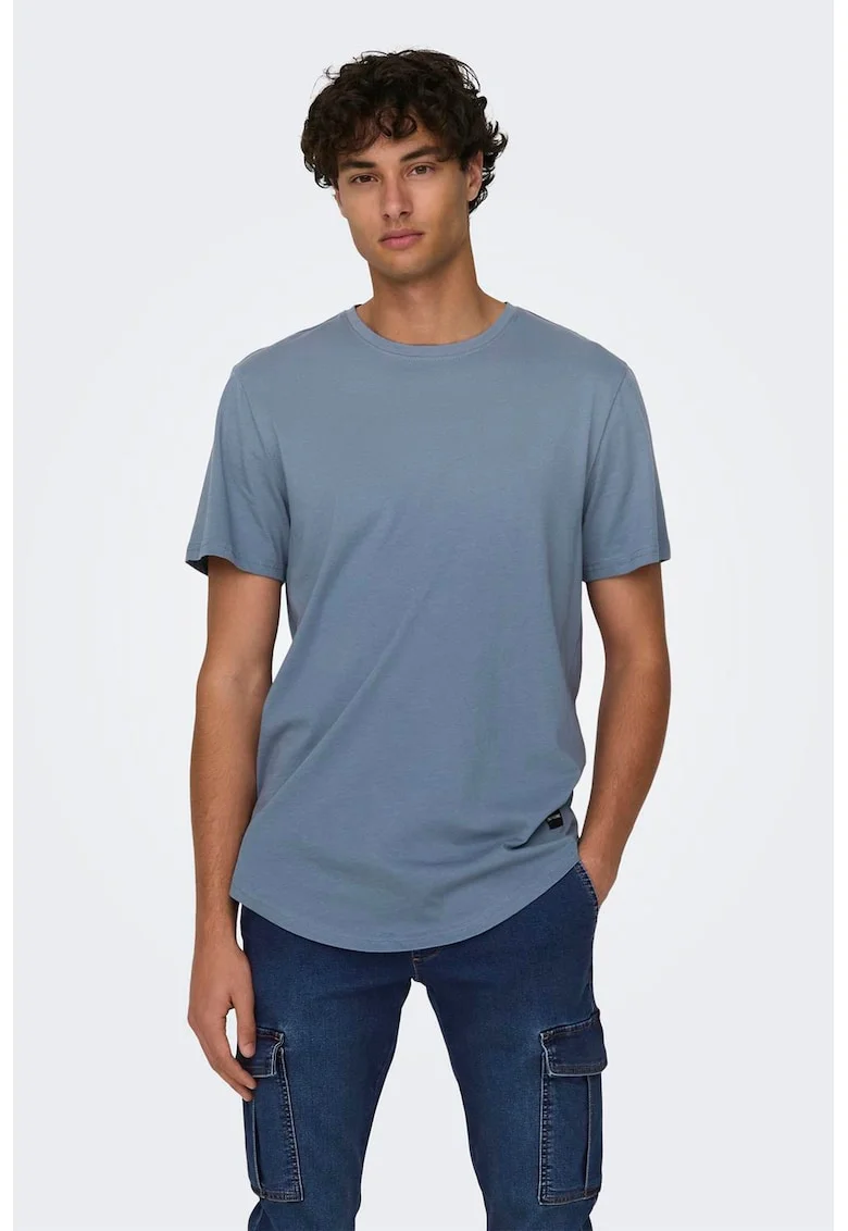 Tricou de bumbac cu decolteu la baza gatului, Albastru prafuit