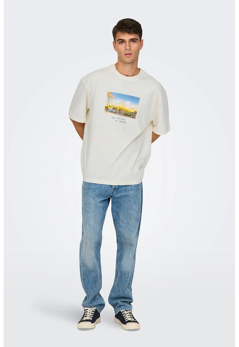 Tricou lejer cu model grafic, Portocaliu/Alb murdar/Albastru deschis