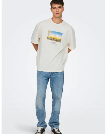 Tricou lejer cu model grafic, Portocaliu/Alb murdar/Albastru deschis