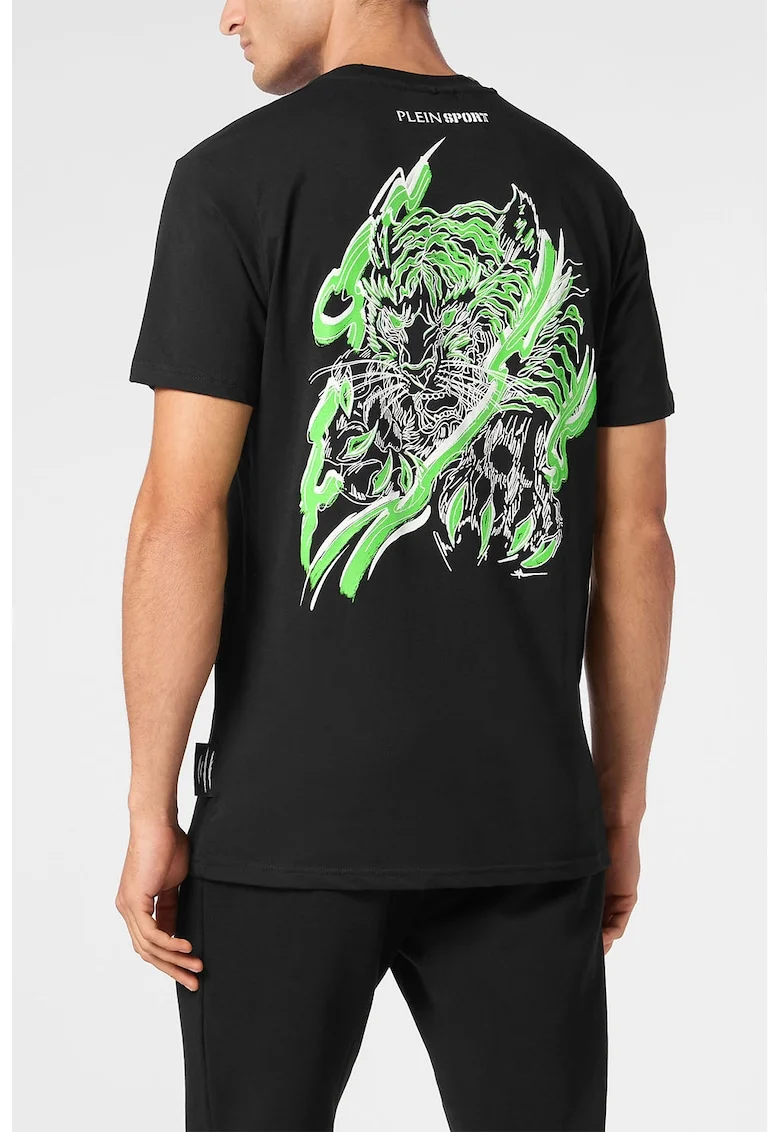 Tricou cu imprimeu si decolteu la baza gatului, Negru/Verde lime