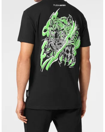 Tricou cu imprimeu si decolteu la baza gatului, Negru/Verde lime