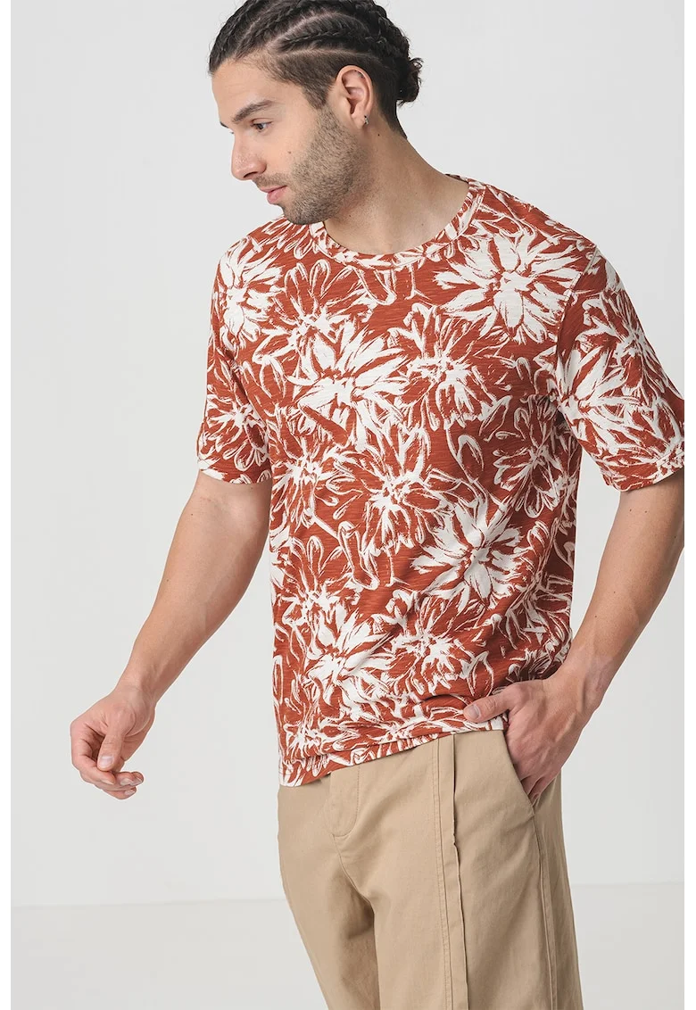 Tricou de bumbac cu imprimeu tropical, Alb/Caramiziu