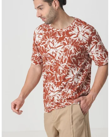 Tricou de bumbac cu imprimeu tropical, Alb/Caramiziu