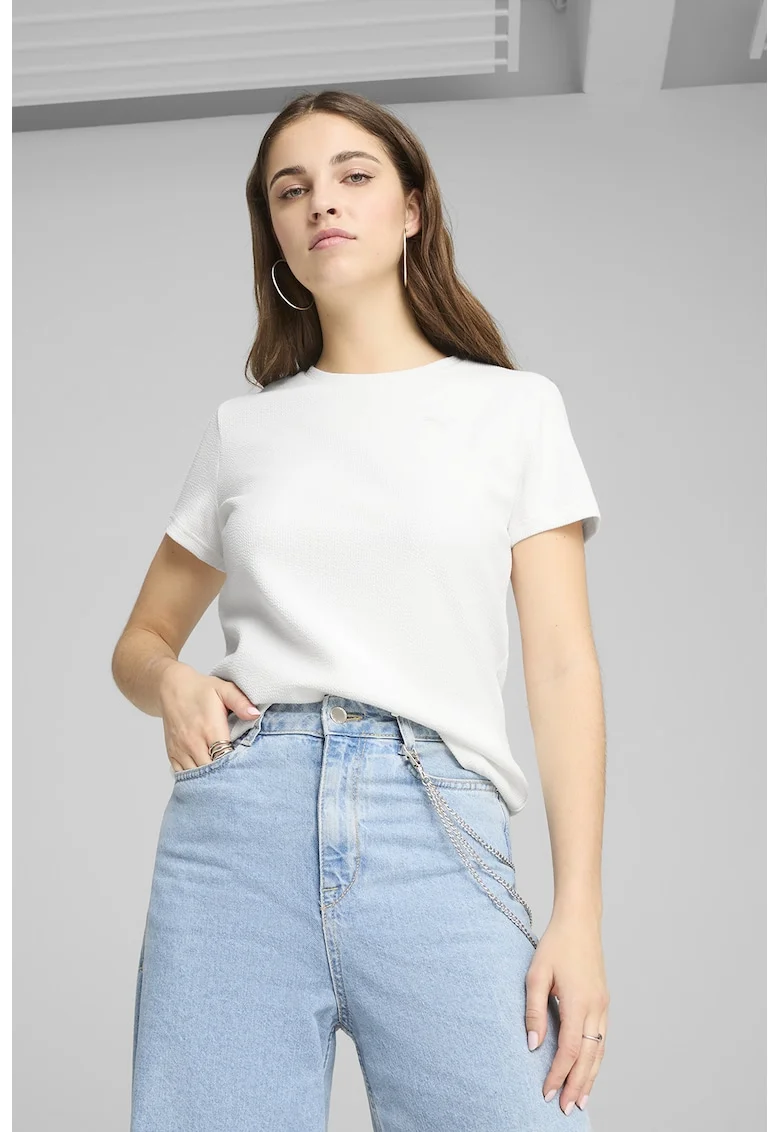 Tricou din amestec de bumbac cu decolteu la baza gatului, Alb