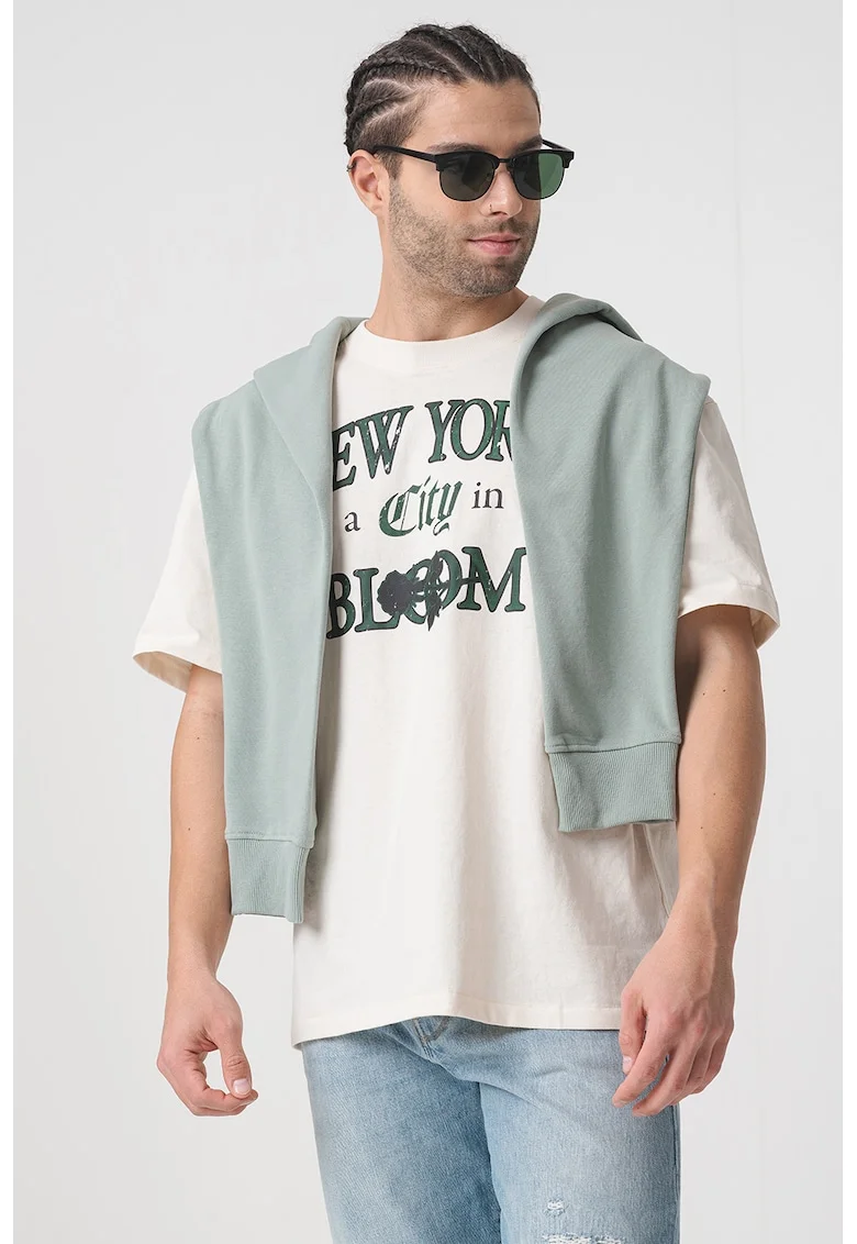 Tricou cu maneci cazute si imprimeu text, Alb fildes/Verde inchis