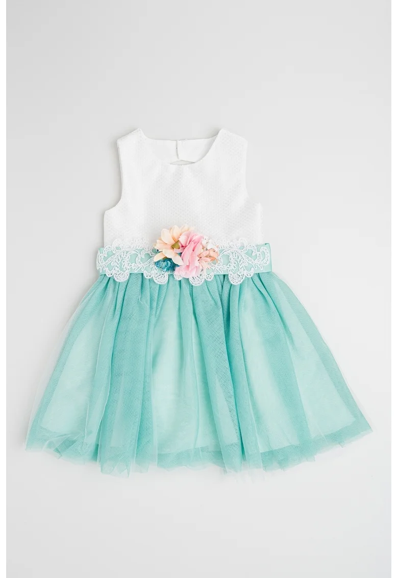 Rochie evzata cu tul si detaliu floral, Alb/Verde menta