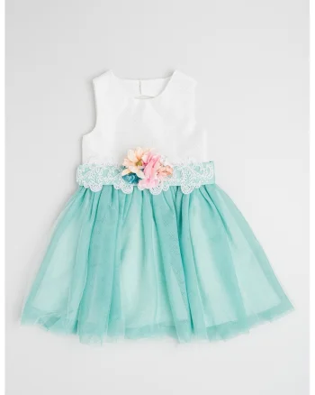 Rochie evzata cu tul si detaliu floral, Alb/Verde menta