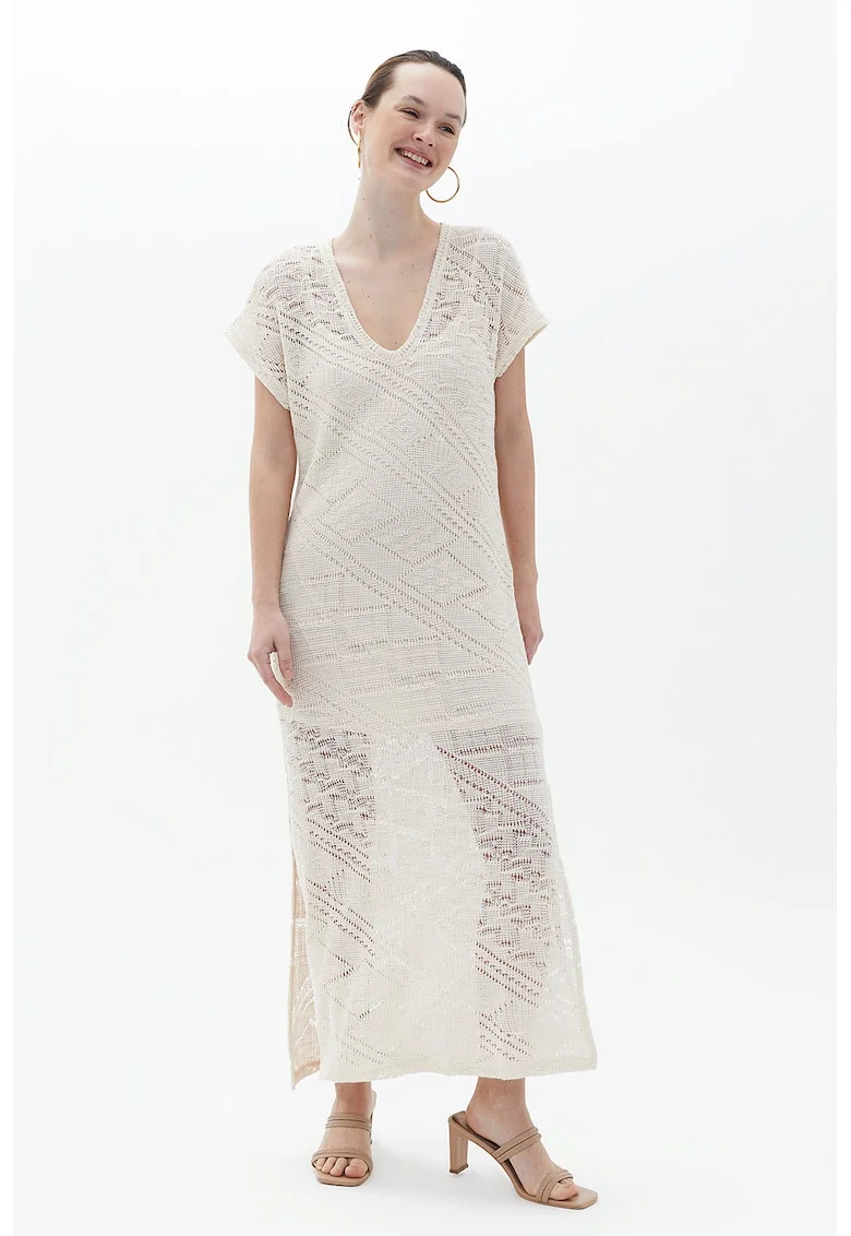 Rochie maxi cu slituri laterale, Alb fildes