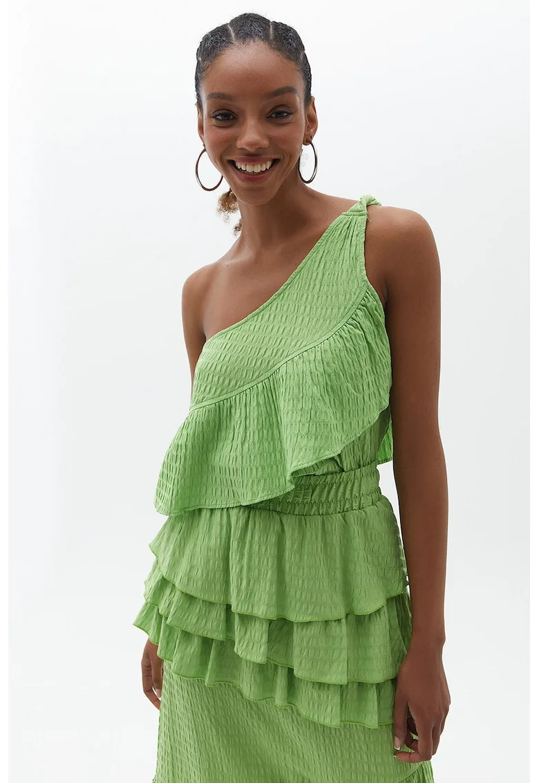 Bluza cu volane si decolteu pe un umar, Verde lime