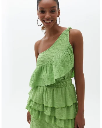 Bluza cu volane si decolteu pe un umar, Verde lime